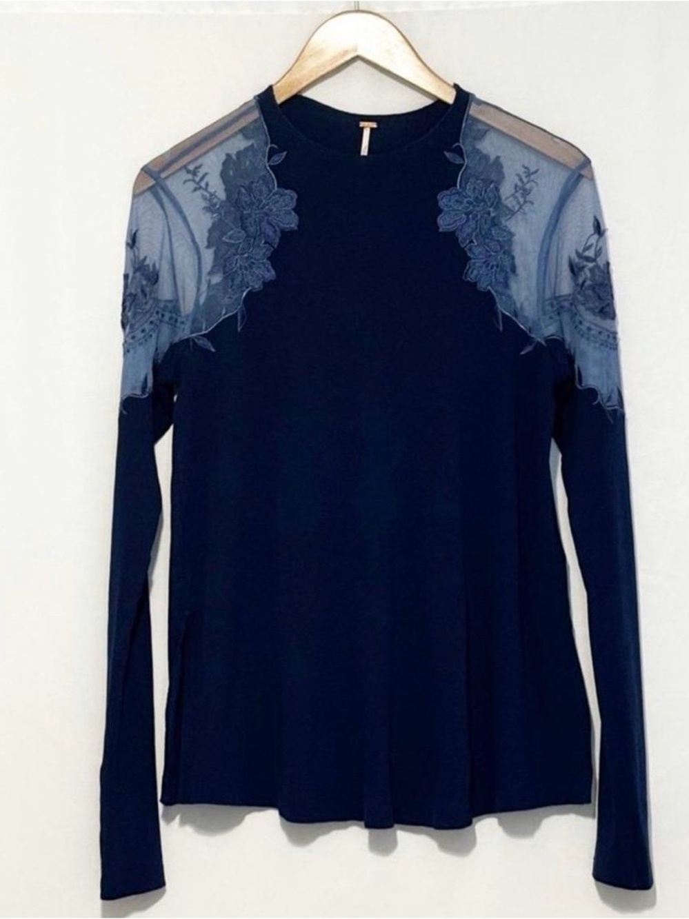 Free People Women’s Navy Long-Sleeve Top with Lace Shoulder Appliqué